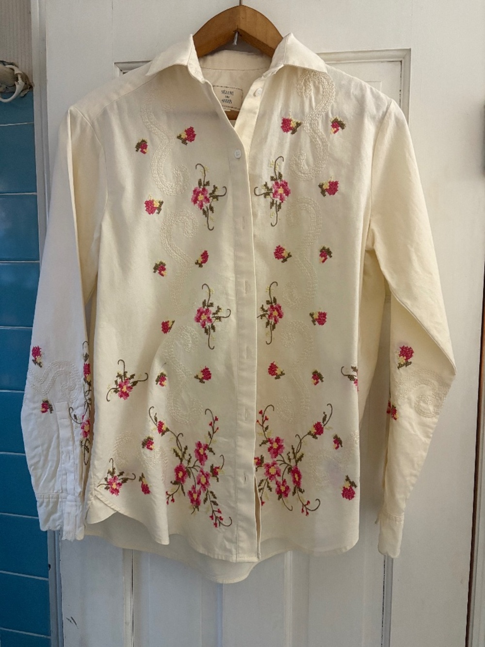 Sezane x Andion Maxy Embroidered Cream Shirt, Size 32